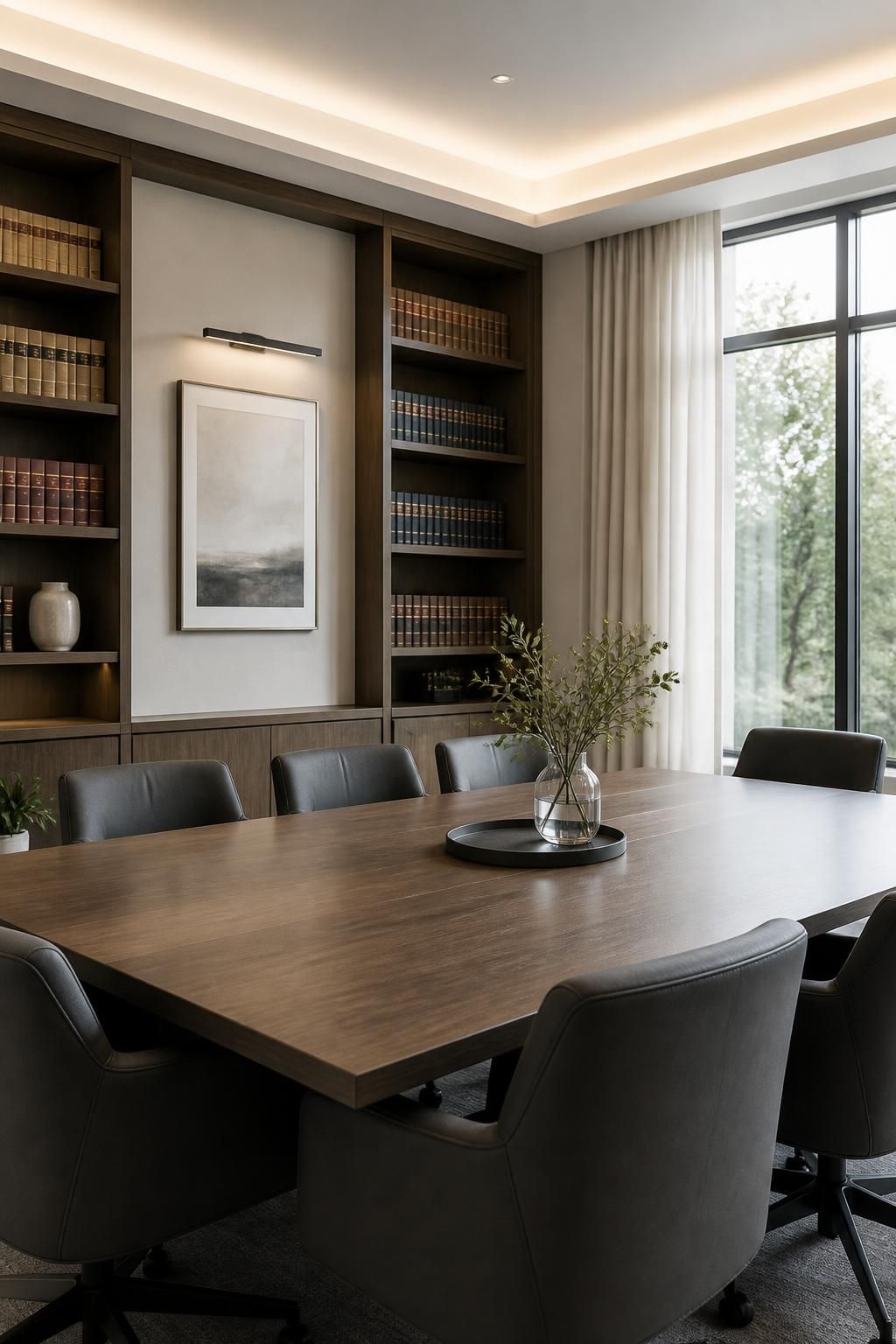 Modern law office interior with bookshelves and soft natural light.