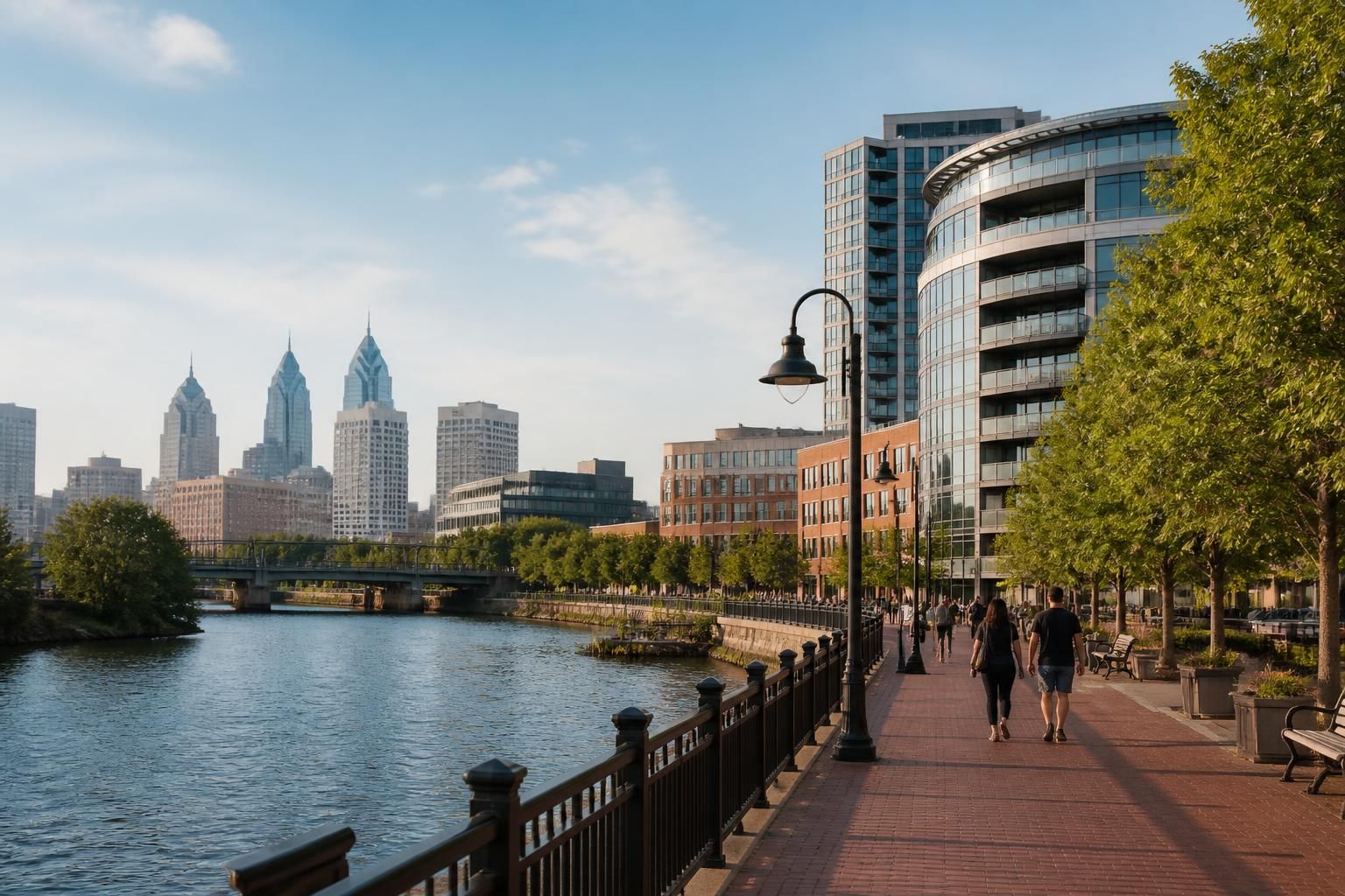 Riverfront cityscape in Camden with modern buildings and open streets.
