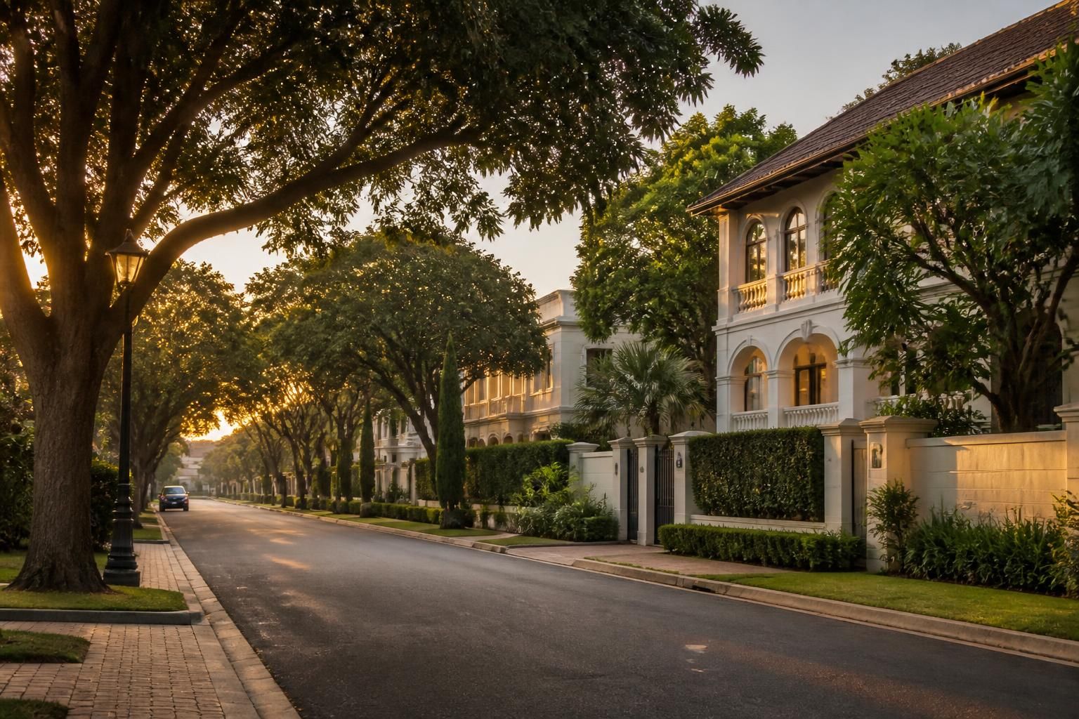 Residential boulevard in Clifton with mature trees and soft light.