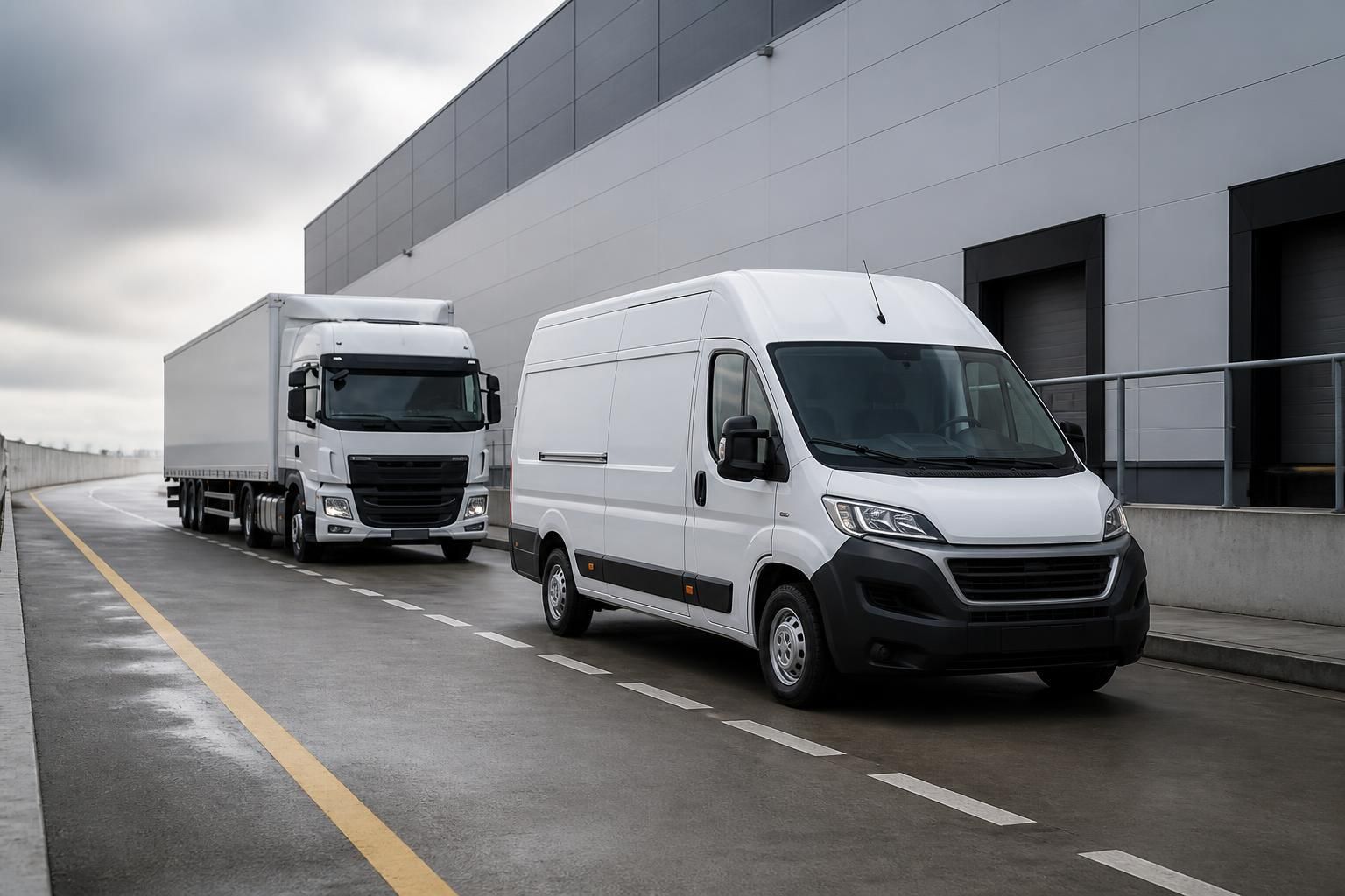 Commercial vehicles in a clean industrial roadway setting.