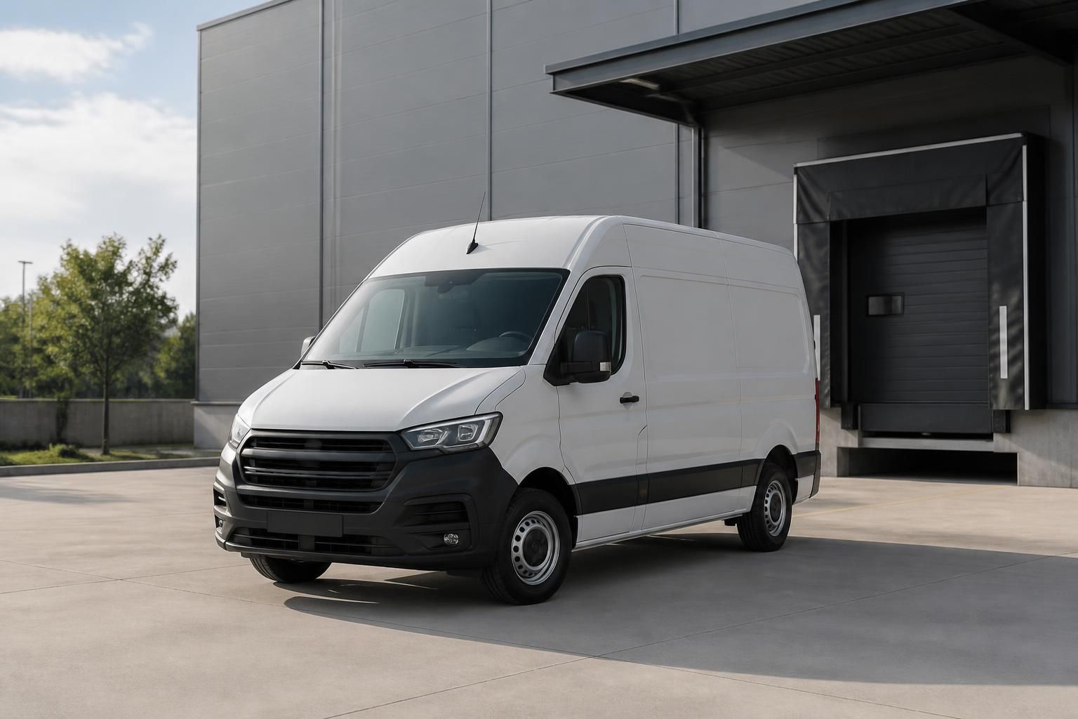 Delivery van near a modern loading dock in soft daylight.