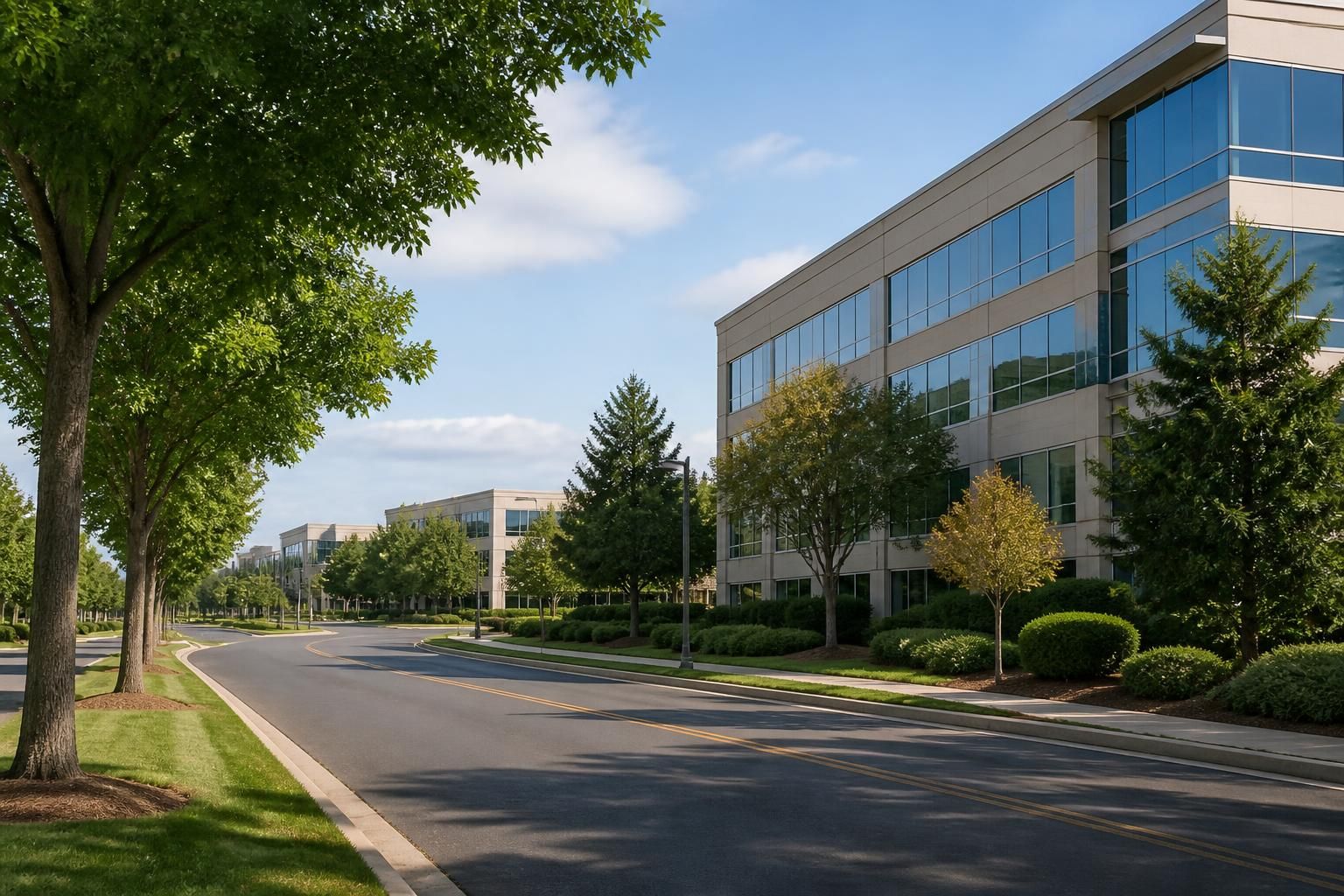 Suburban business corridor in Edison with tree-lined roads.