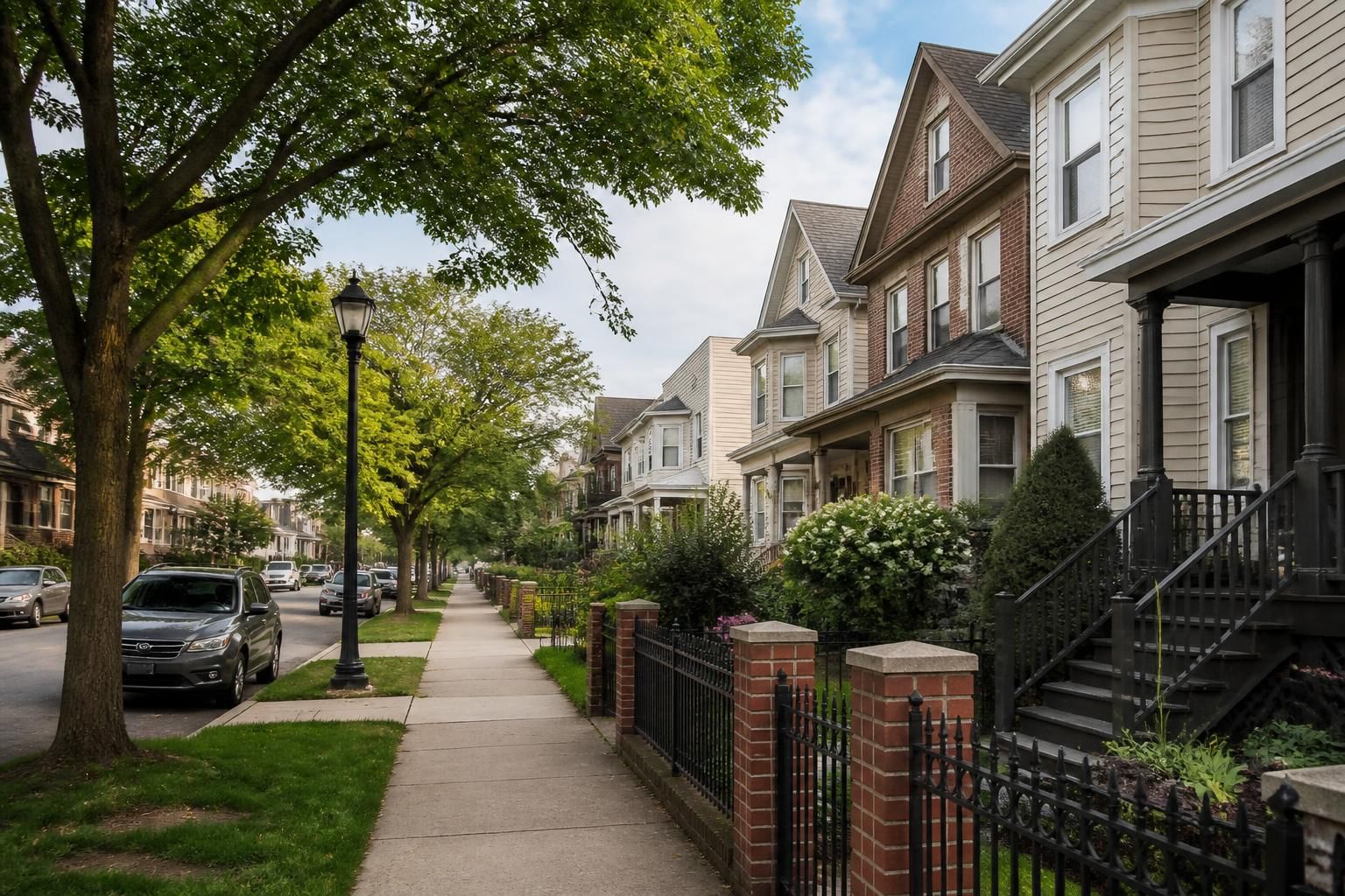 Tree-lined city neighborhood in Elizabeth under soft natural light.