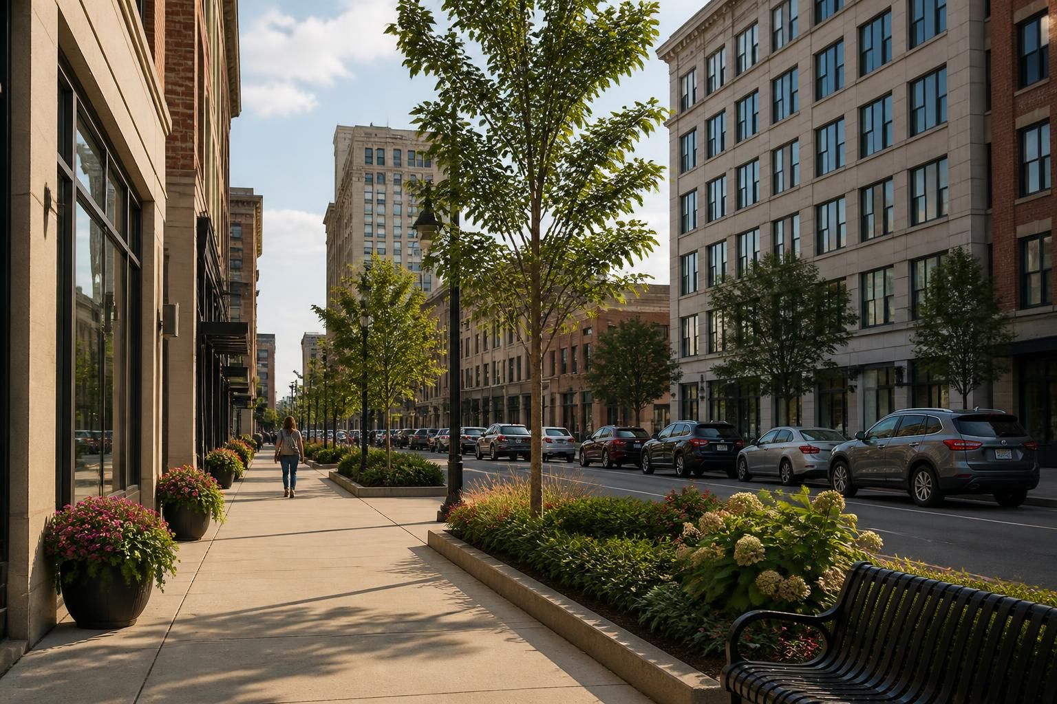 Downtown corridor in Hackensack with neat sidewalks and mid-rise buildings.