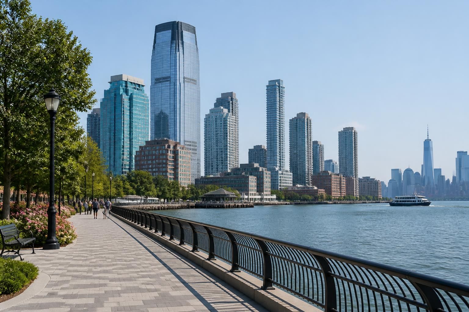 Waterfront city scene in Jersey City with modern towers and promenade.