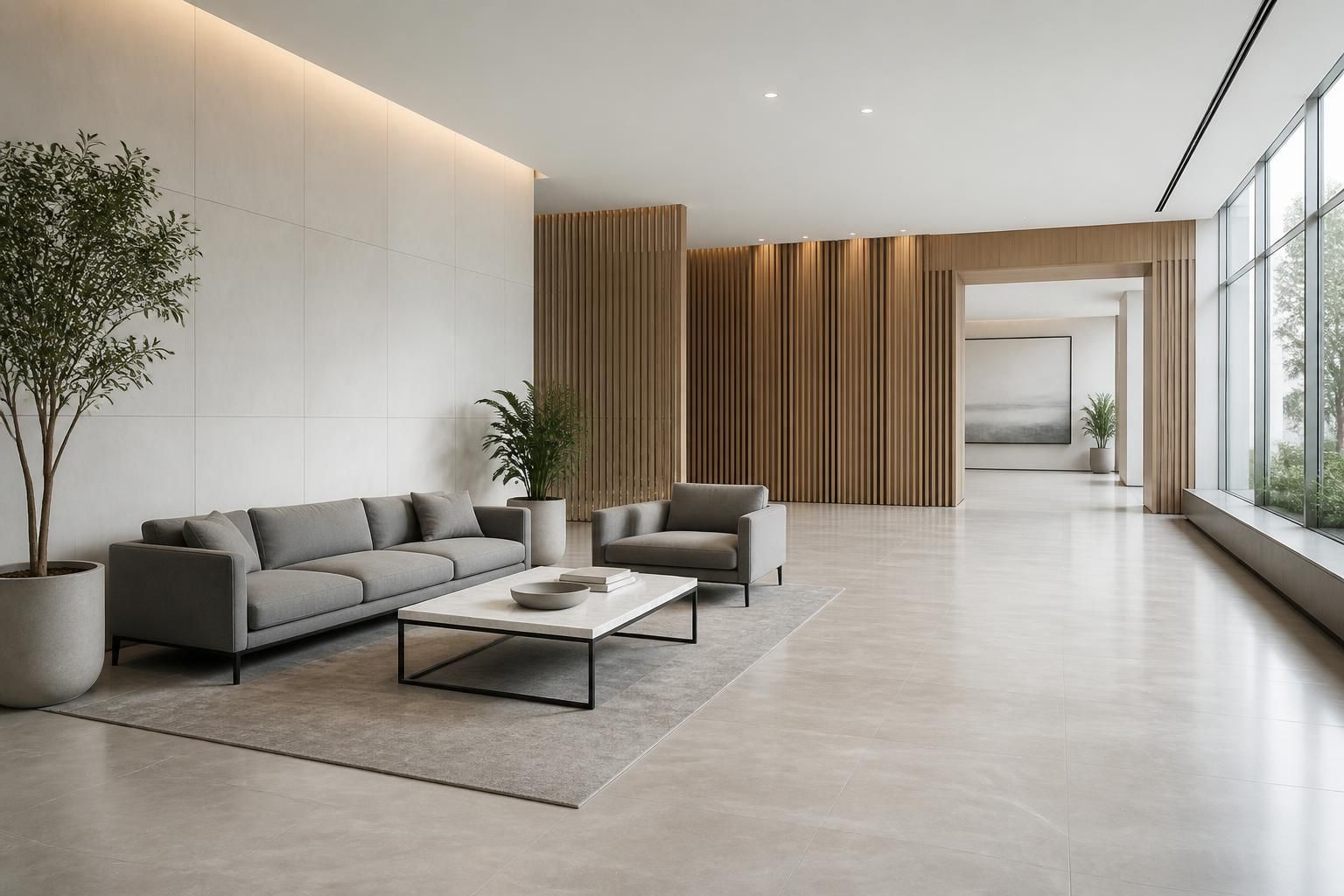 Bright modern law office lobby with open space for text.