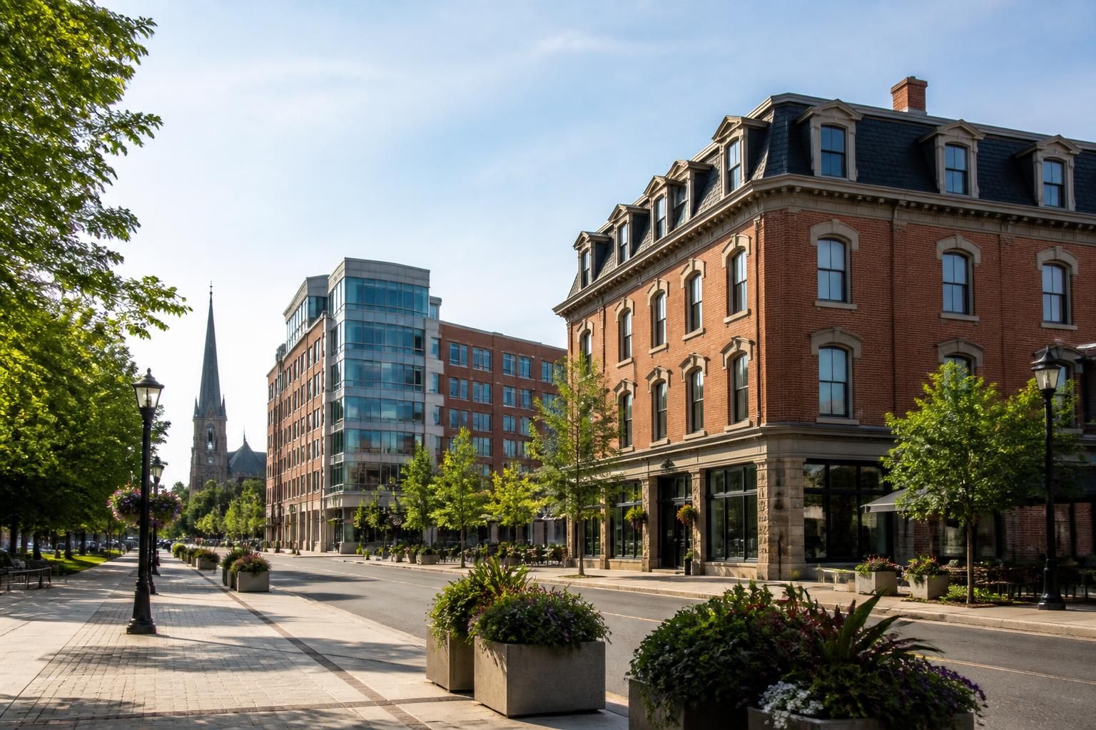 Downtown New Brunswick with classic and modern buildings in daylight.