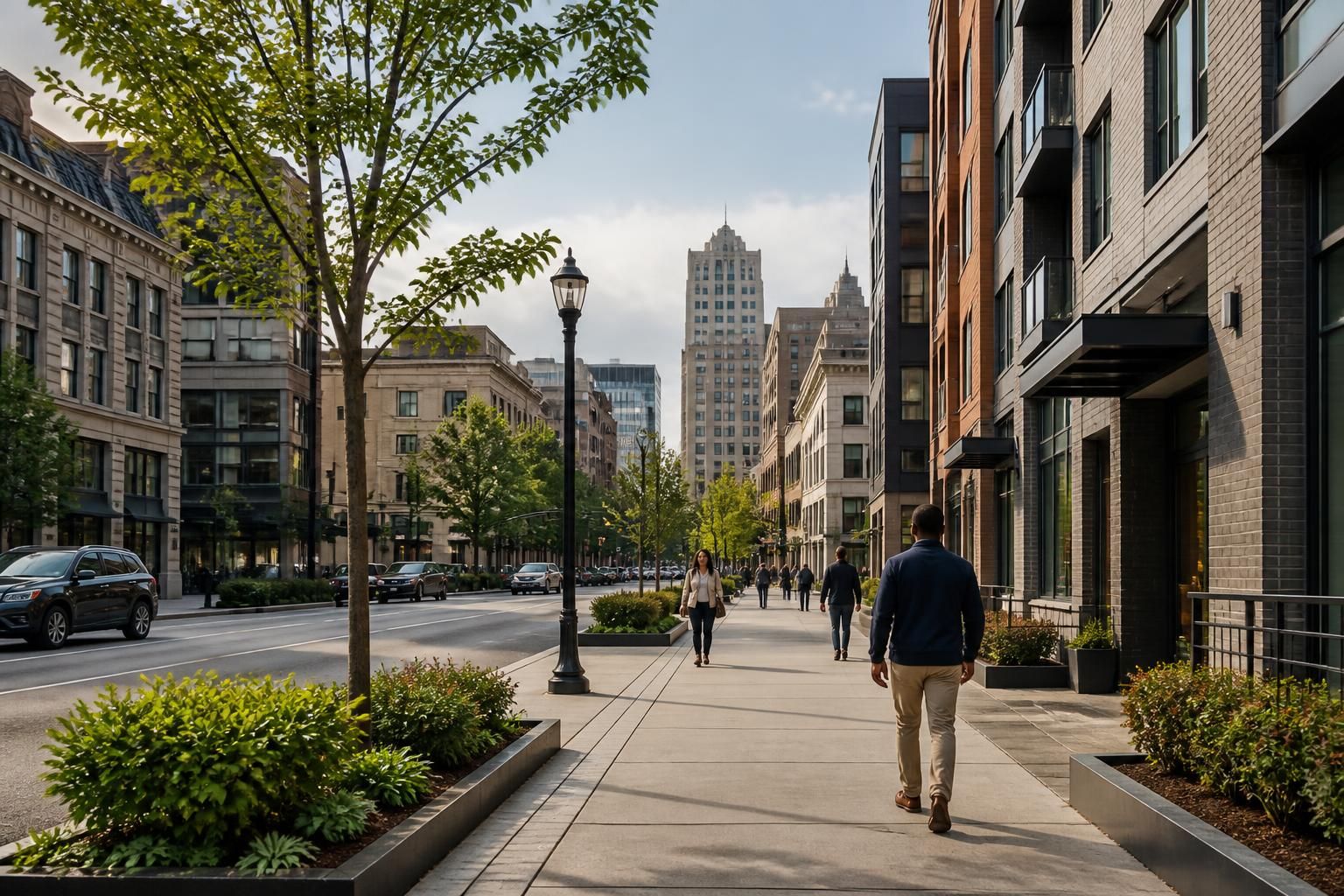 Urban streetscape in Newark with modern buildings and broad sidewalks.