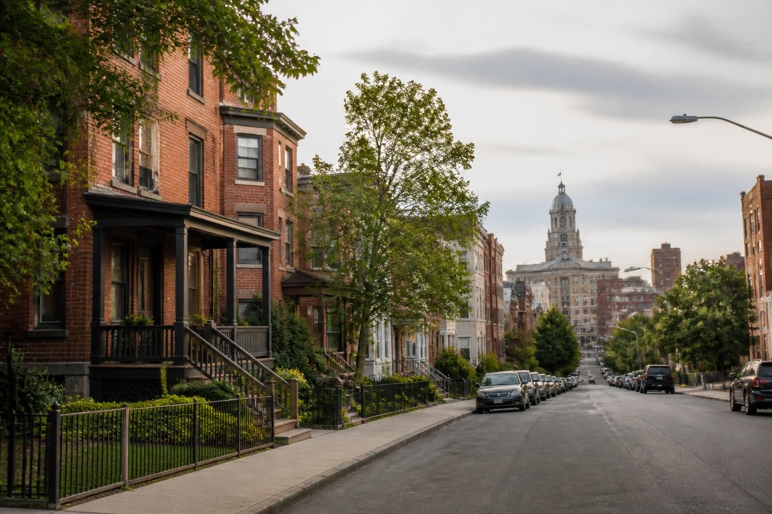 Urban neighborhood in Paterson with brick buildings and broad streets.
