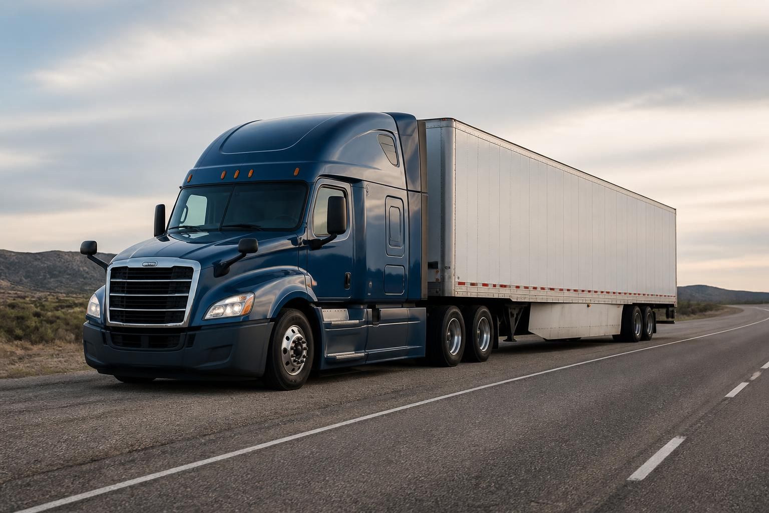 Semi-truck and trailer on a highway shoulder in neutral light.
