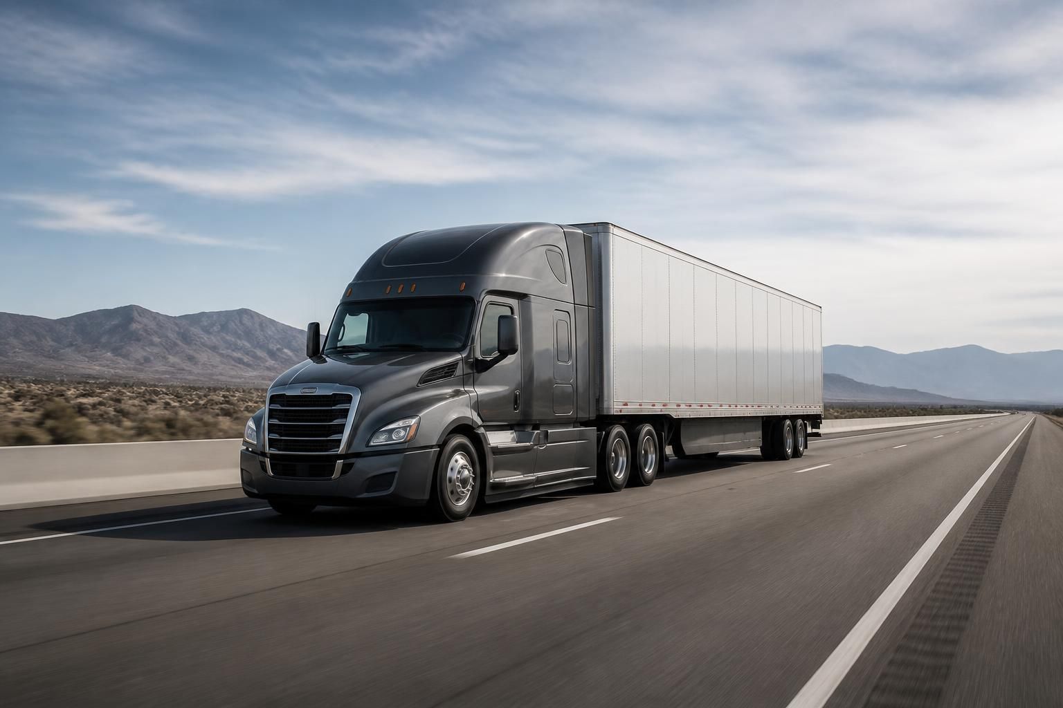 Tractor trailer on a clean interstate under muted sky.