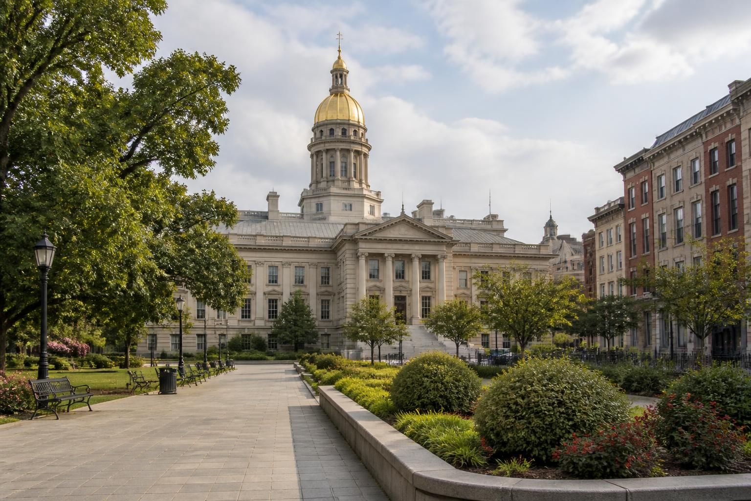Historic civic district in Trenton with open walkways and soft light.