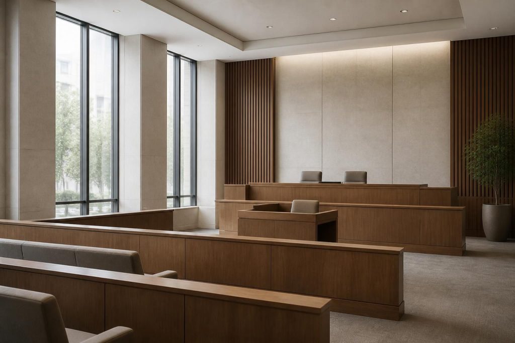 Modern legal conference room with natural light and neutral tones.