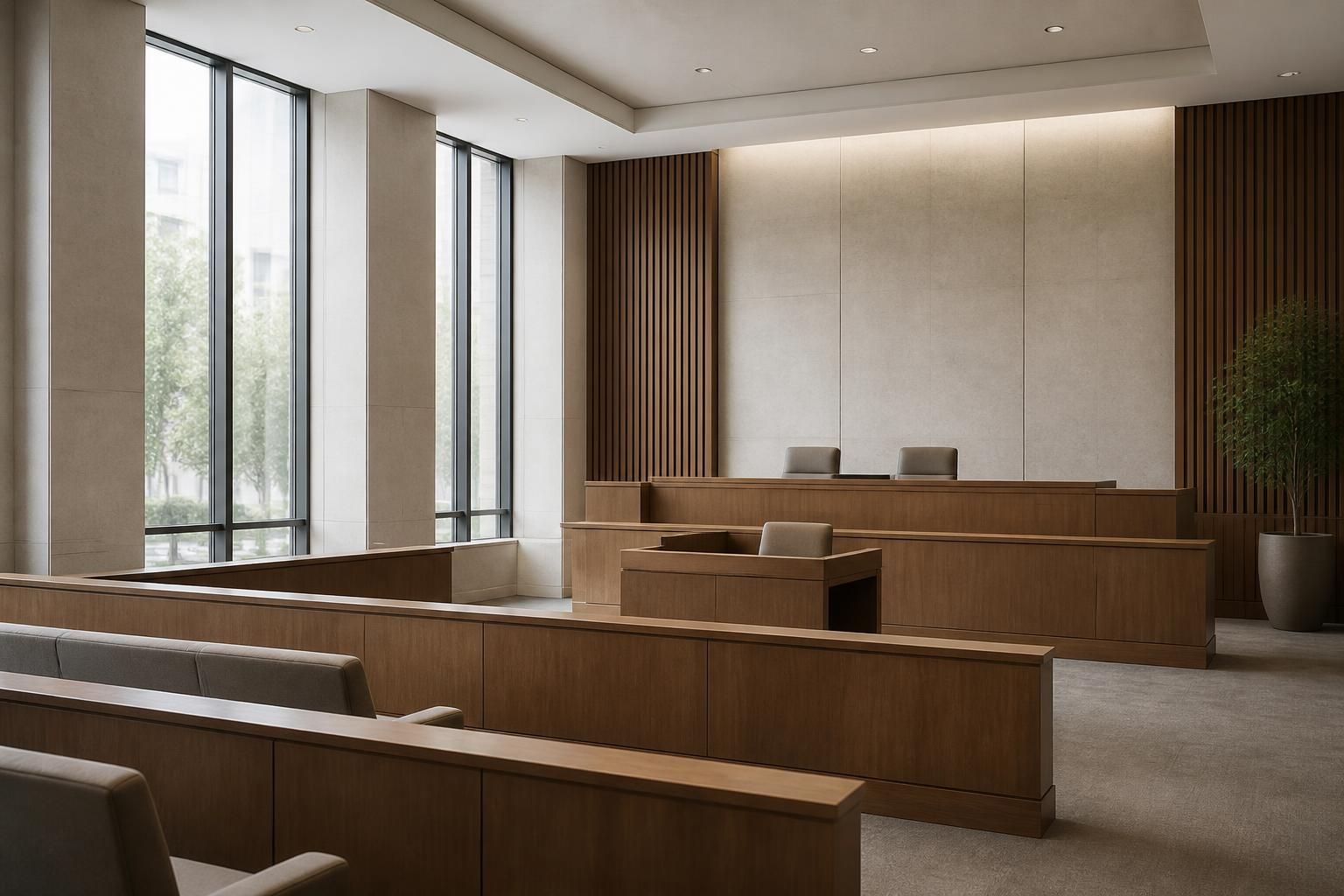 Modern legal conference room with natural light and neutral tones.