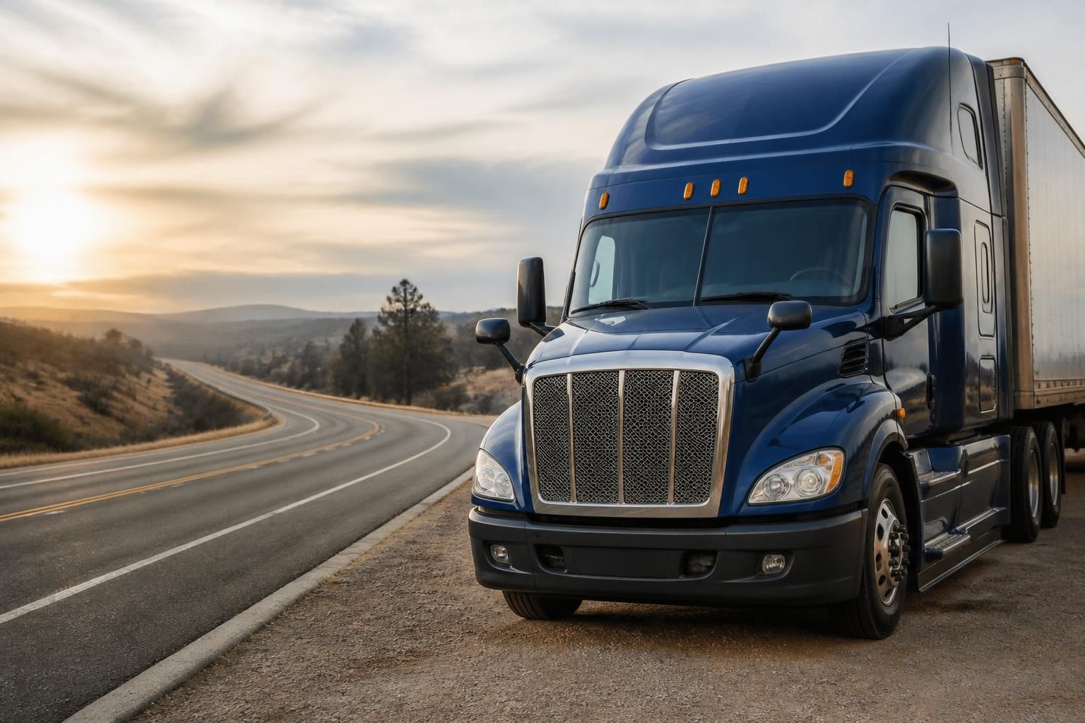 Commercial truck parked on a quiet roadway in neutral light.