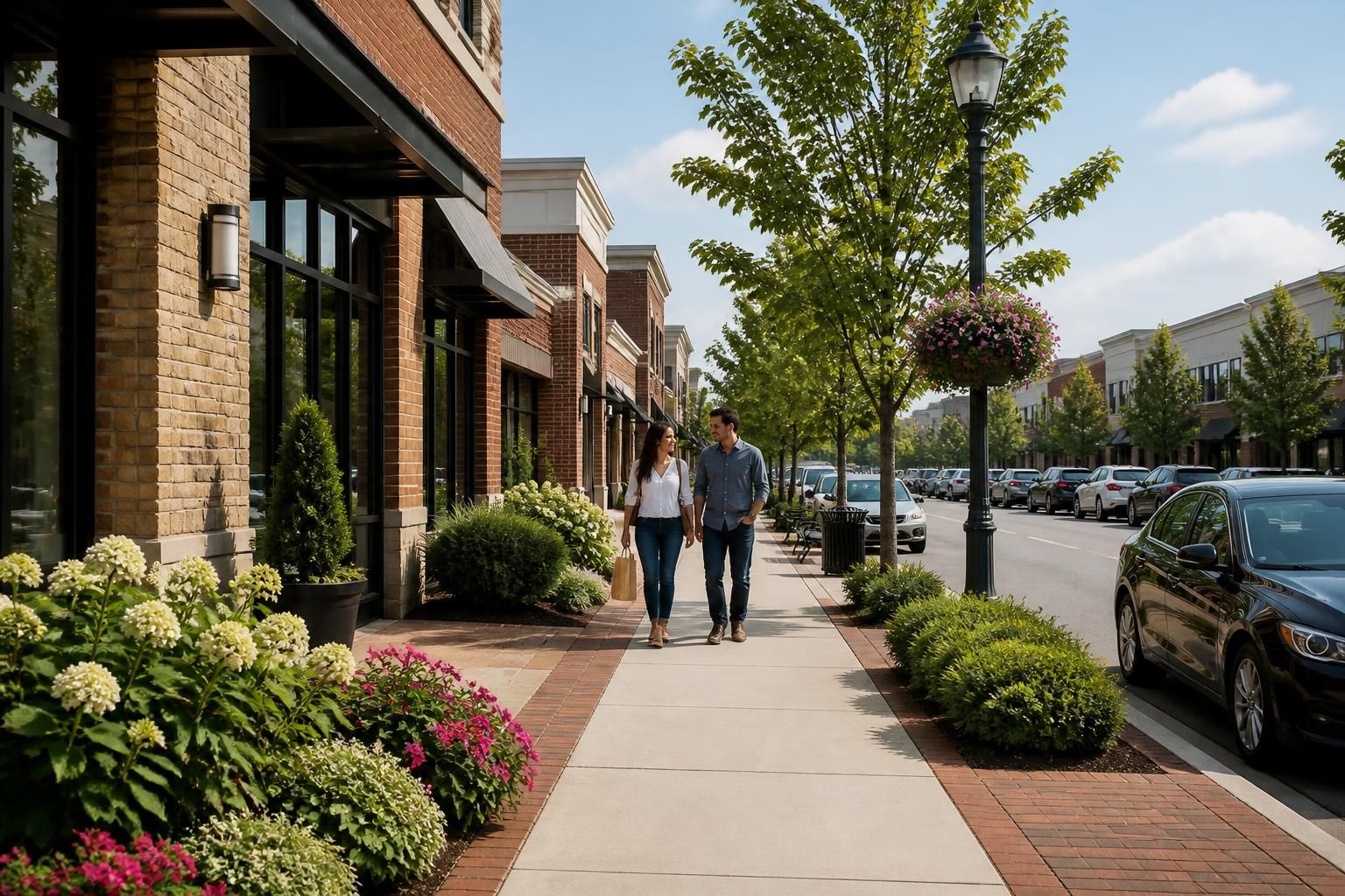 Tidy suburban commercial street in Woodbridge with soft daylight.